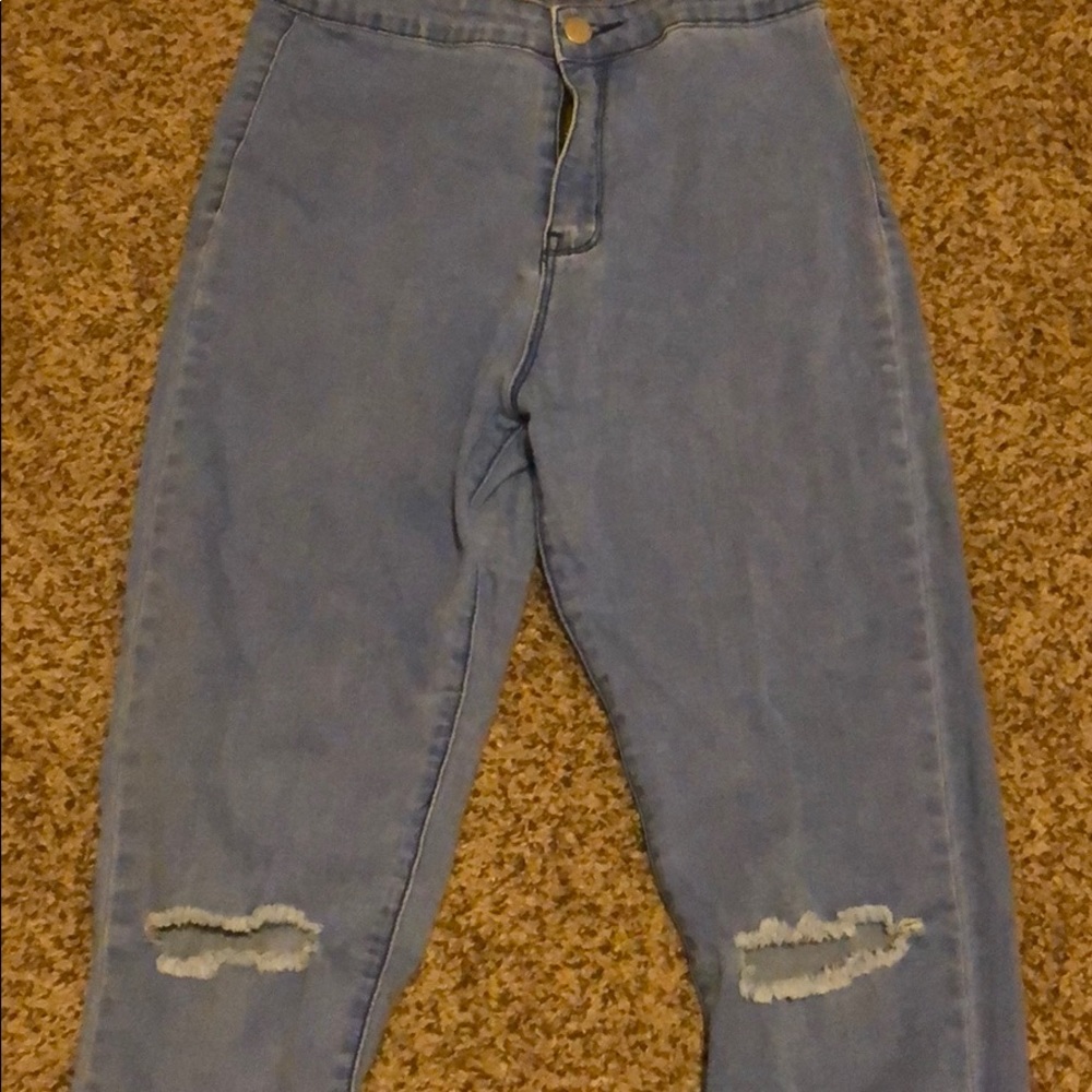 Creabygirls- Ripped Knee Tight Jeans (light blue)